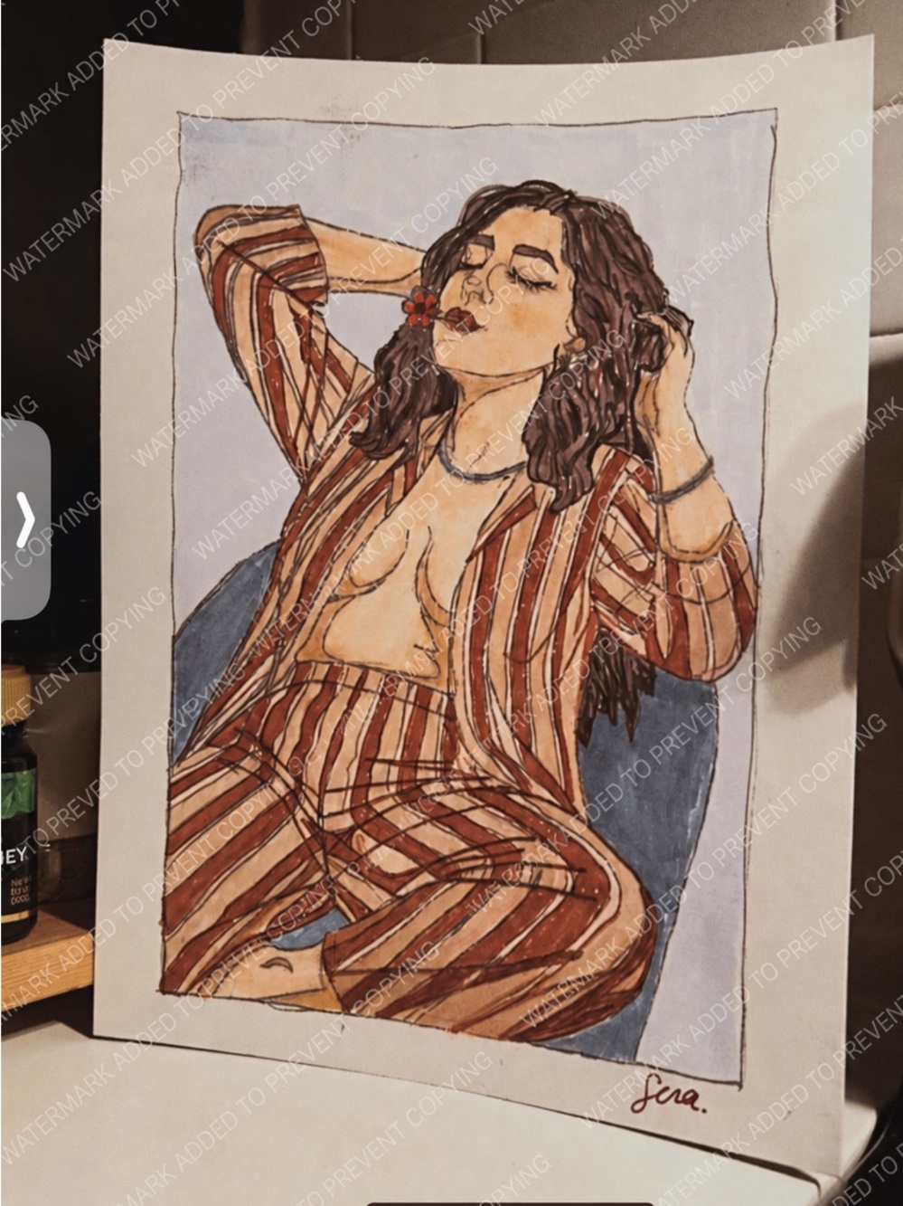 Women Figure Illustration in Brown and Cream Pajamas Striped Outfit by me